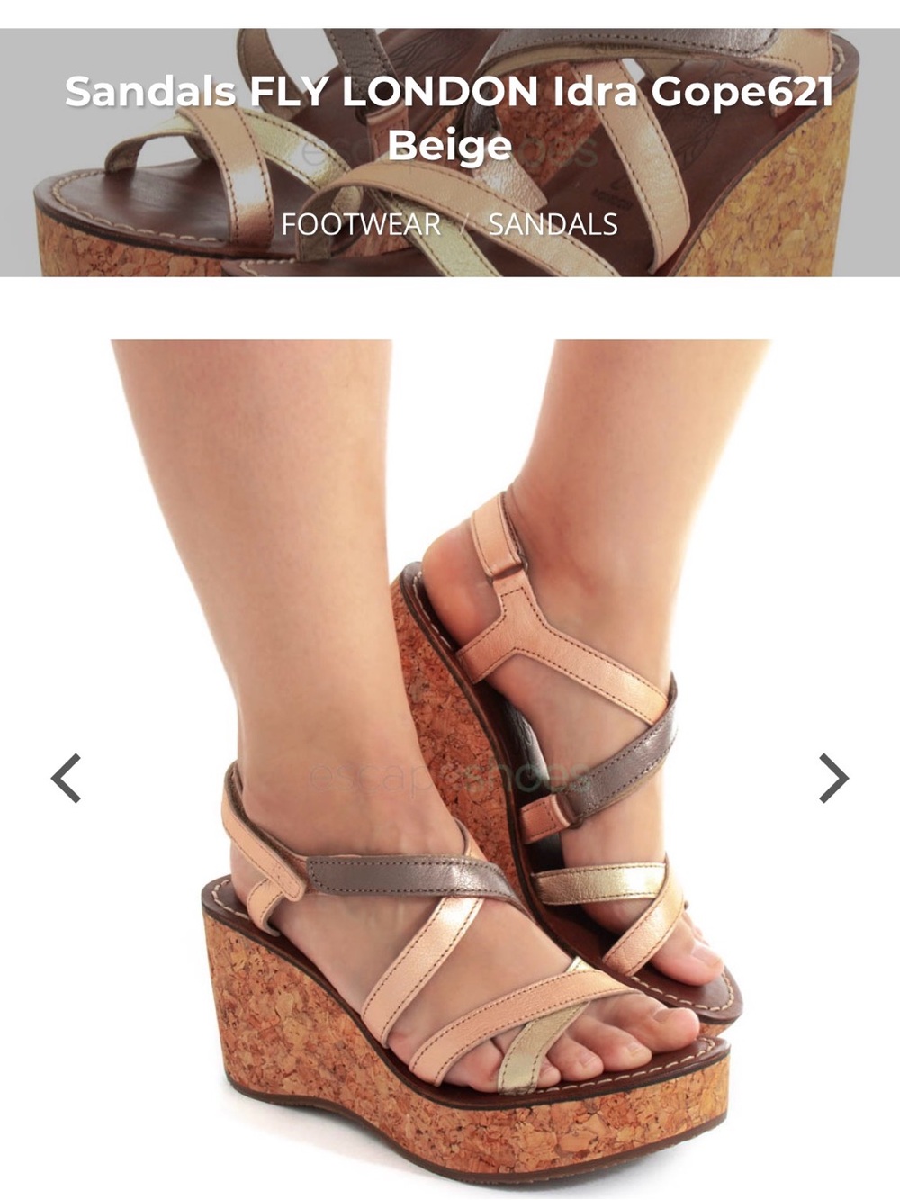 Fly London Beige Metallic Multi-Strip Cork Wedge Sandals